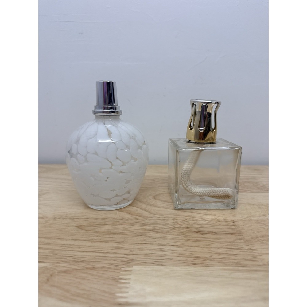 Hand Blown Glass Oil Lamp/Aroma Diffuser White /Clear Berger Lot Of 2 Wicks #22